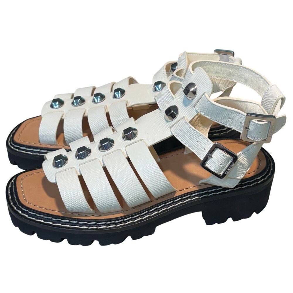 Sandro Eliane White Leather Gladiator Silver Studded Lug Sole Sandals Size 37